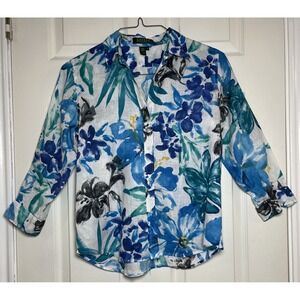 Lauren Ralph Lauren Women  P Medium Watercolor Floral Linen Shirt White/Blue
